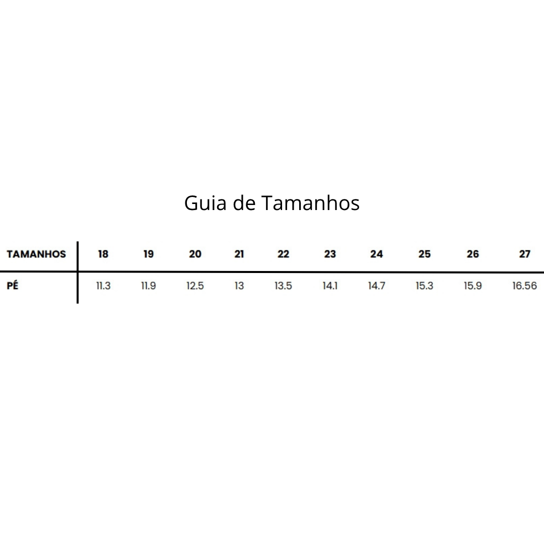 Guia de tamanhos com tamanhos e medidas de comprimento do pé em centímetros.