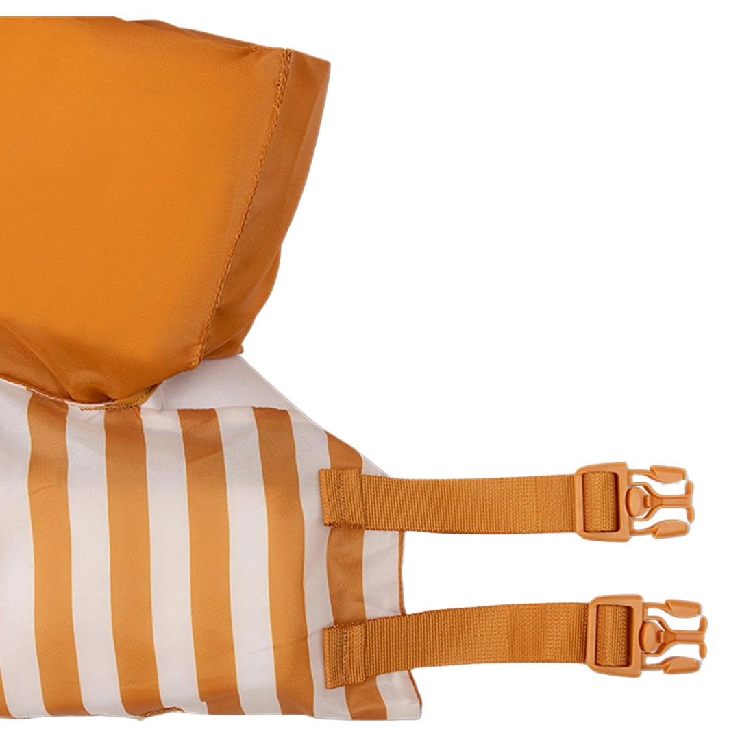 Colete salva-vidas às riscas laranja e branco com tiras e fivelas laranjas
