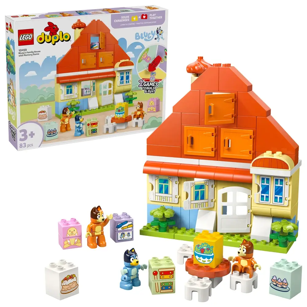 Brinquedo LEGO duplo casa da família Bluey com peças e figuras coloridas.