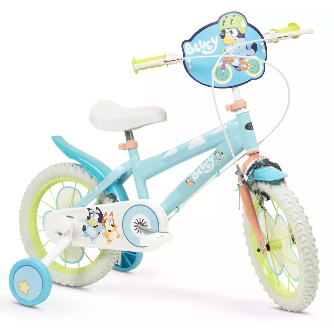 Bicicleta infantil azul com ilustrações e texto Bluey