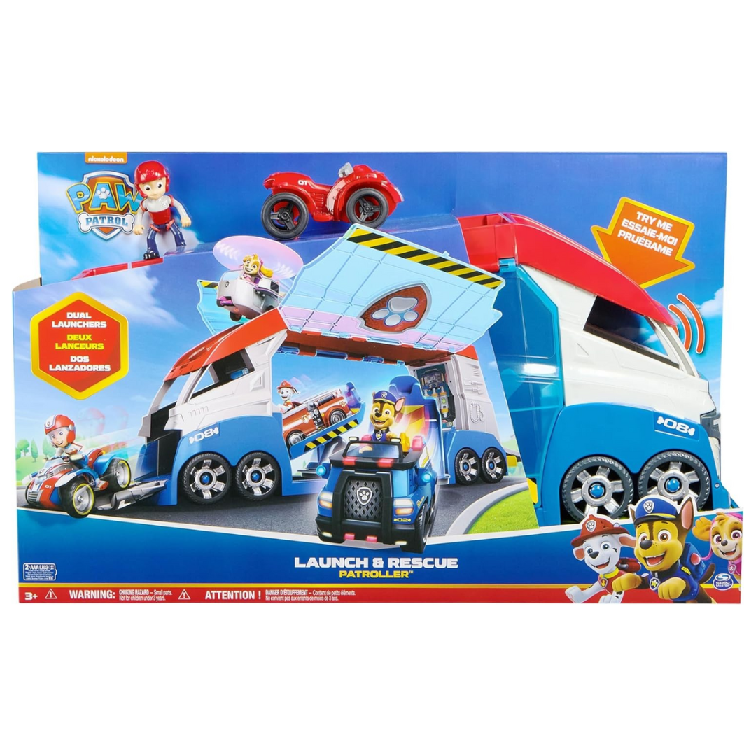 Brinquedo transporte Patrulha Pata azul branco vermelho com figuras e motos na embalagem