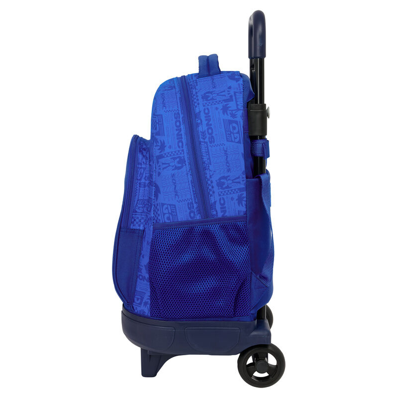 Mochila de rodinhas azul com padrão e bolso de rede