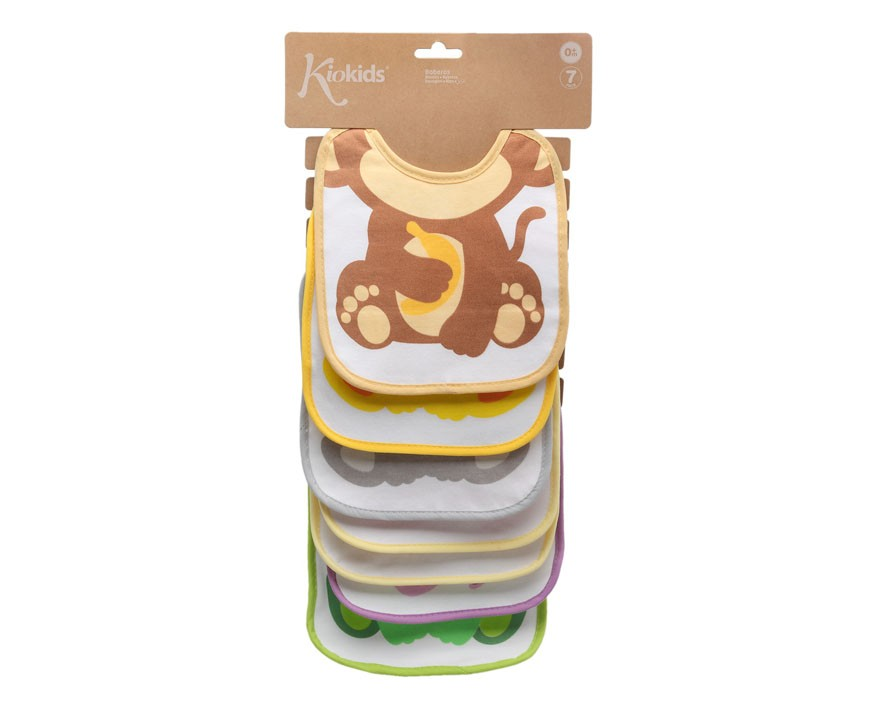 Sete babetes para bebés com padrões coloridos e embalagem de cartão Kk kids