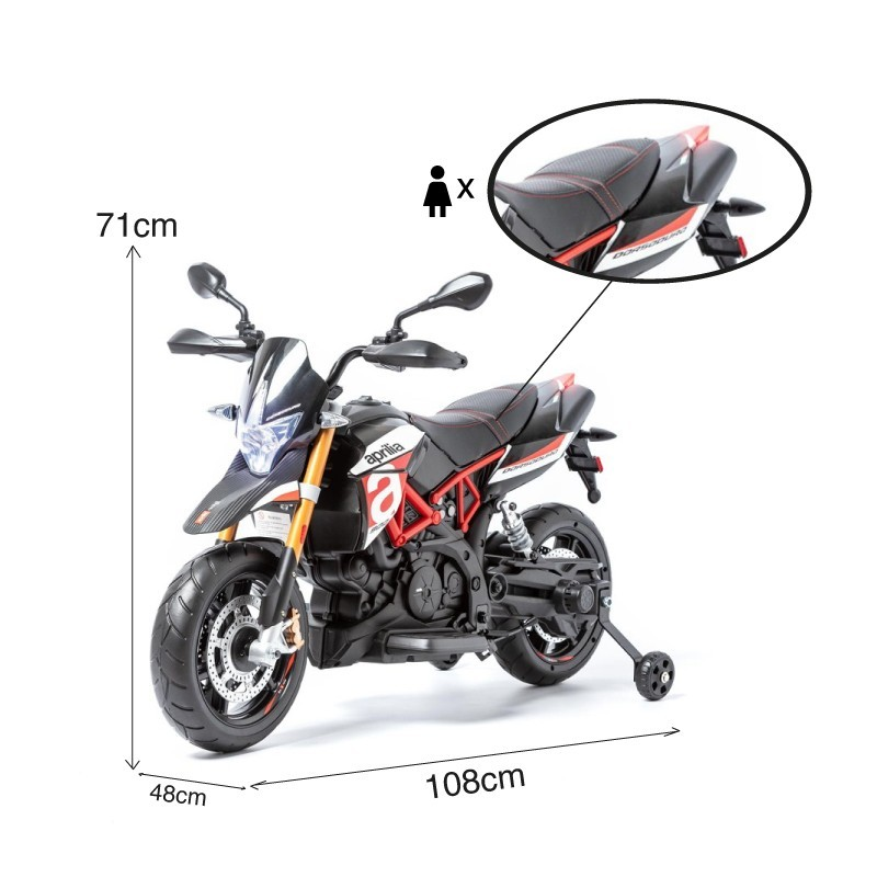 Motociclo infantil com rodas de treino preto, branco e vermelho