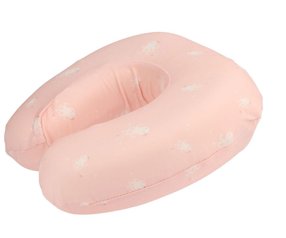 Almofada de viagem rosa em formato de U com padrão branco