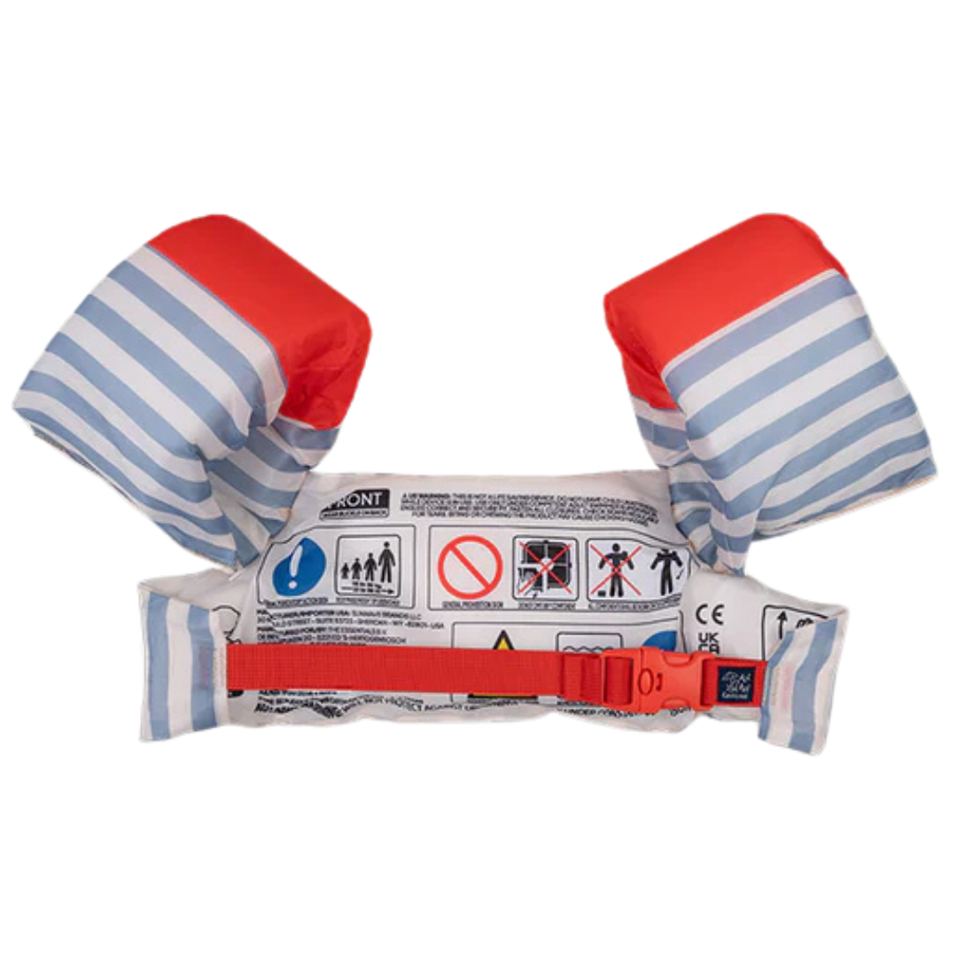 Coletes de braço flutuadores infantis com riscas azul e branco e cinta vermelha.