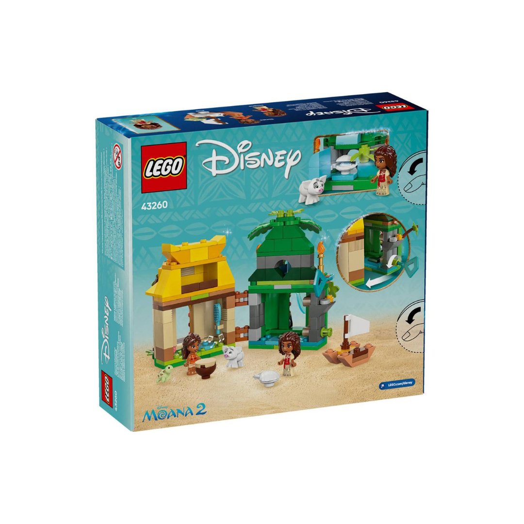 Caixa de LEGO Disney Moana 2 modelo 43260 com peças coloridas e figuras na praia