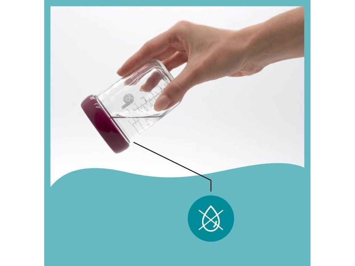 Frasco de vidro com tampa roxa e marcações de medição