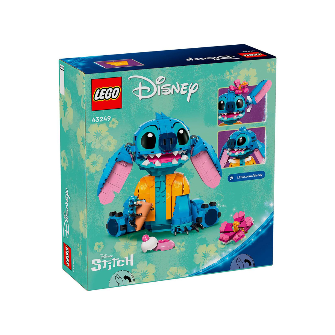 Caixa LEGO Disney Stitch 43249 com figura azul, roupa laranja e acessórios