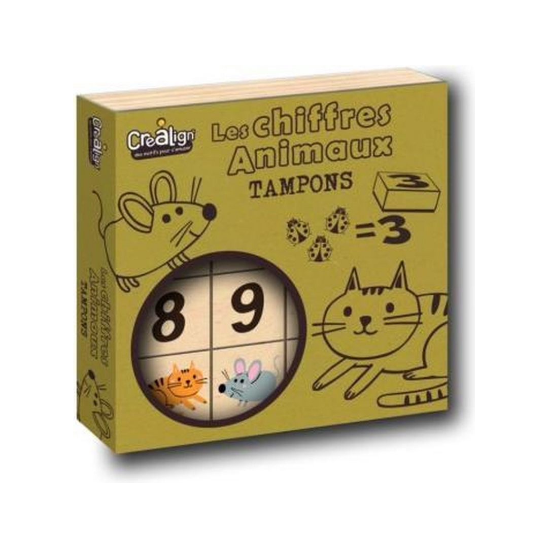 Caixa de carimbos com desenhos de animais e números