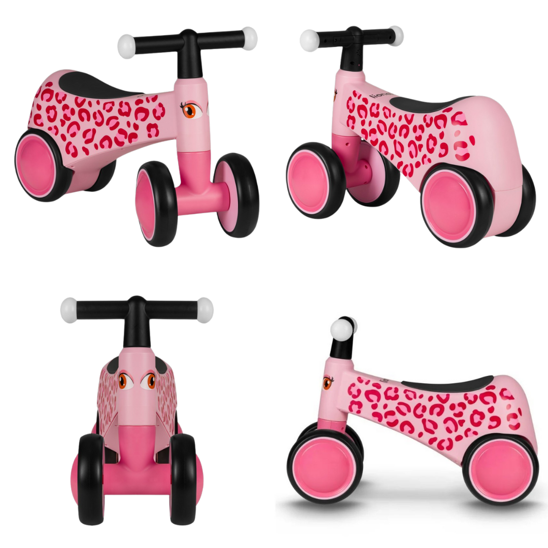 Veículo de brinquedo cor-de-rosa com estampa de manchas, quatro rodas, banco e guiador preto em quatro vistas