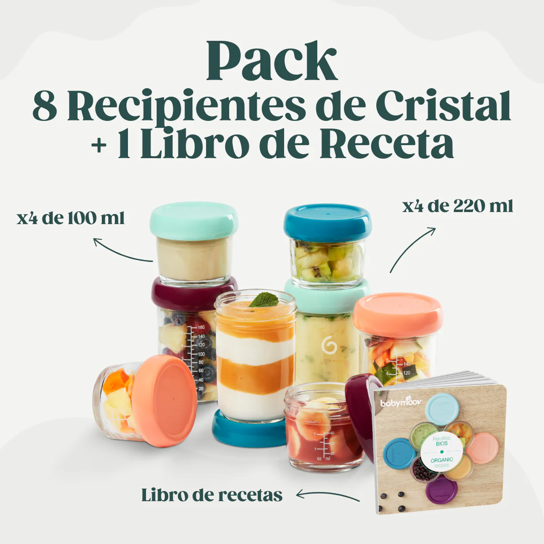 Pack 8 recipientes de vidro coloridos com tampas e livro de receitas
