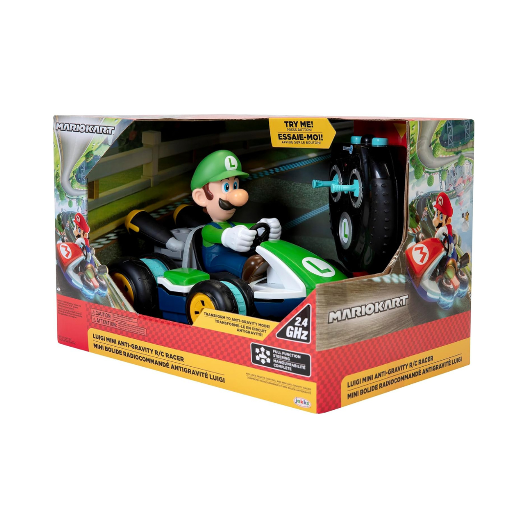 Carrinho radiocontrolado Luigi Mini Anti-Gravity Racer em embalagem com decoração de Mario Kart