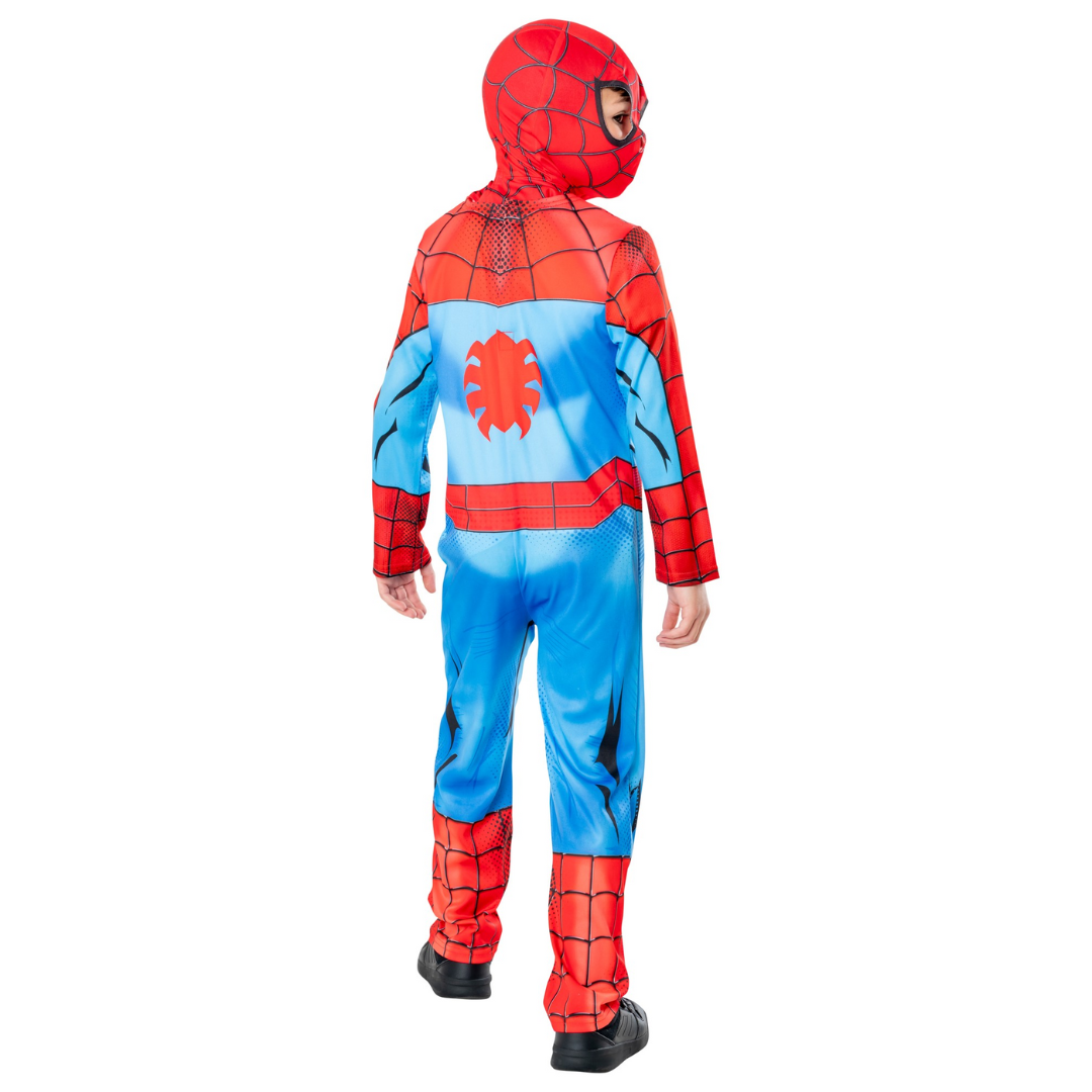 Fato de criança Homem-Aranha azul e vermelho com máscara e símbolo de aranha nas costas