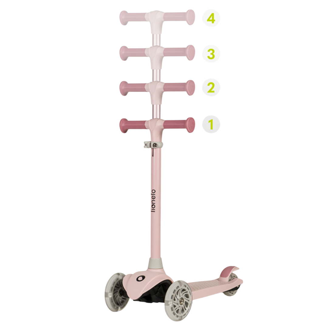 Trotinete infantil rosa com guiador ajustável e três rodas.