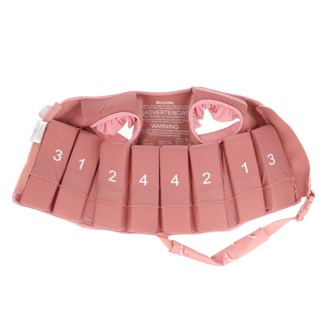 Cinto salva-vidas infantil cor rosa com números brancos e fecho ajustável