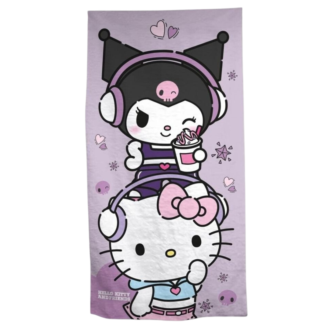 Toalha lilás com desenhos das personagens Hello Kitty e Kuromi e o texto HELLO KITTY AND FRIENDS