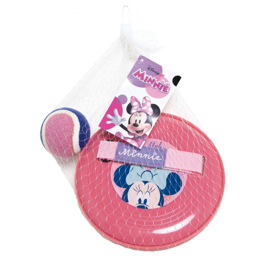 Conjunto Disney Minnie com disco voador rosa e bola colorida em rede com etiqueta.