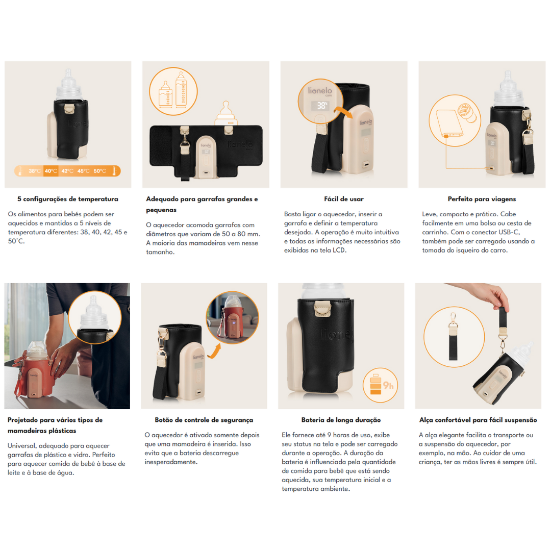 Aquecedor de mamadeiras portátil com estojo preto em várias posições e descrições em português