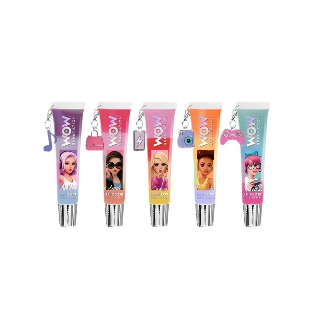 Conjunto de cinco tubos de gloss labial coloridos da WOW Collection com pendentes decorativos.