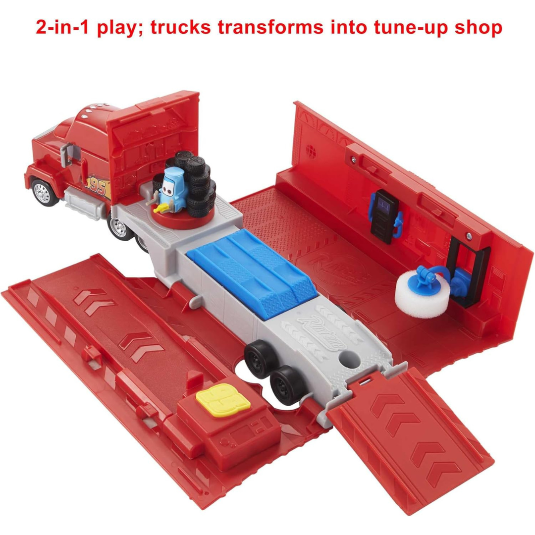 Brinquedo camião vermelho que se transforma numa oficina com ramps e ferramentas