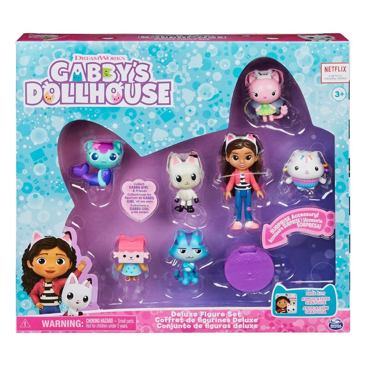Conjunto de figuras Gabby's Dollhouse com boneca e cinco figuras em embalagem azul com bolhas