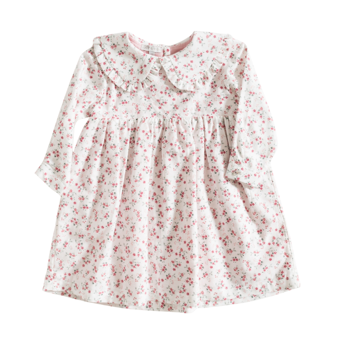 Vestido de bebé com padrão floral e gola com folhos