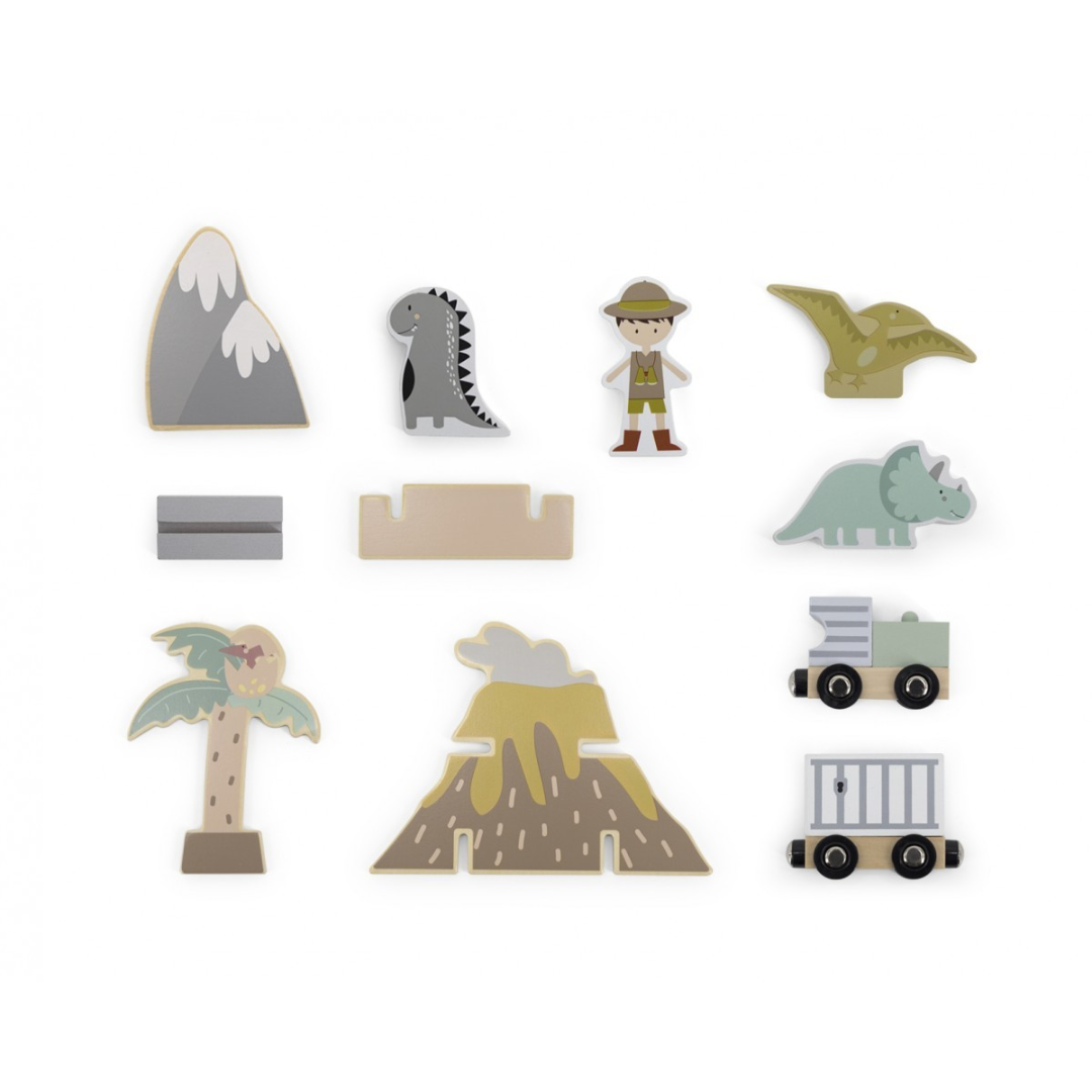 Figuras de madeira colorida com dinossauros, vulcão, árvore e personagem