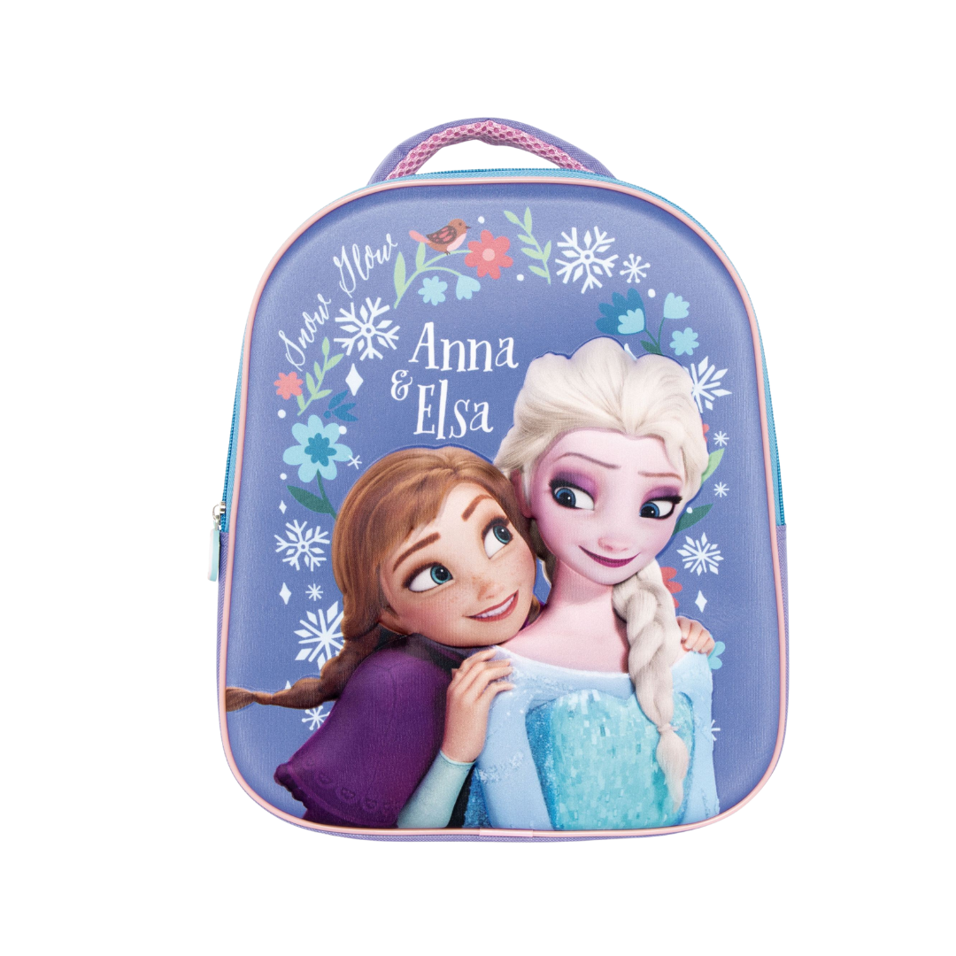 Mochila infantil azul e rosa com imagem das personagens Anna e Elsa e decoração floral