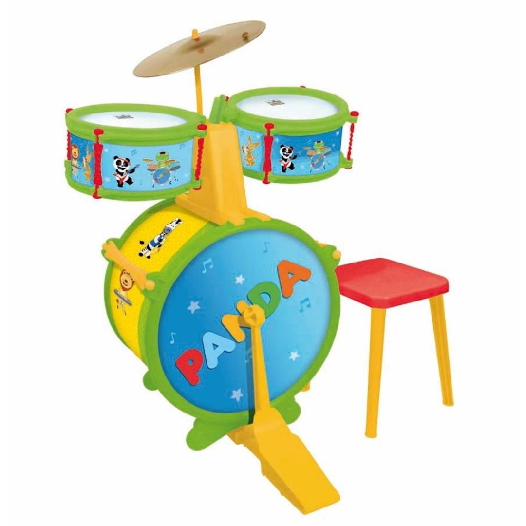 Bateria infantil colorida com tambores e banco