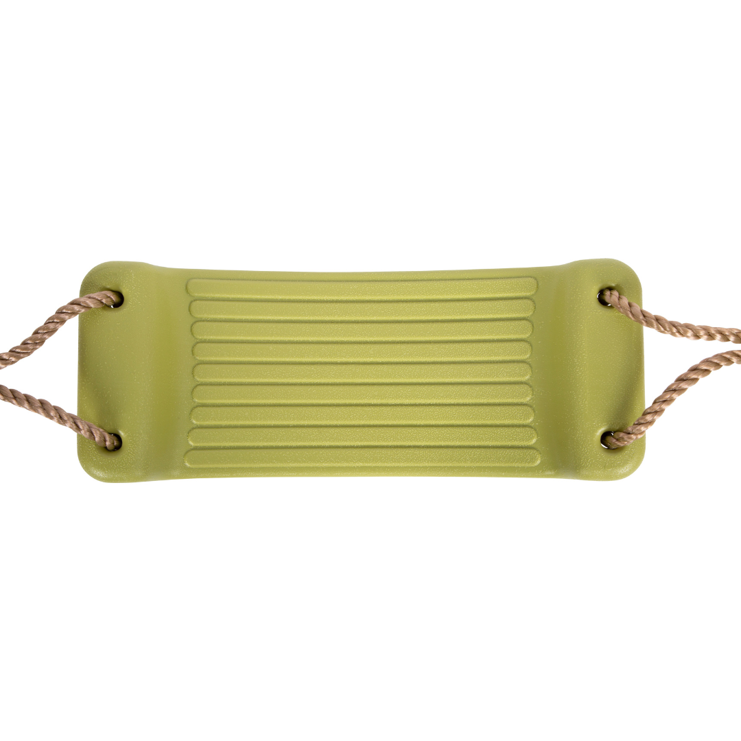 Balanço infantil verde com cordas castanhas para pendurar.