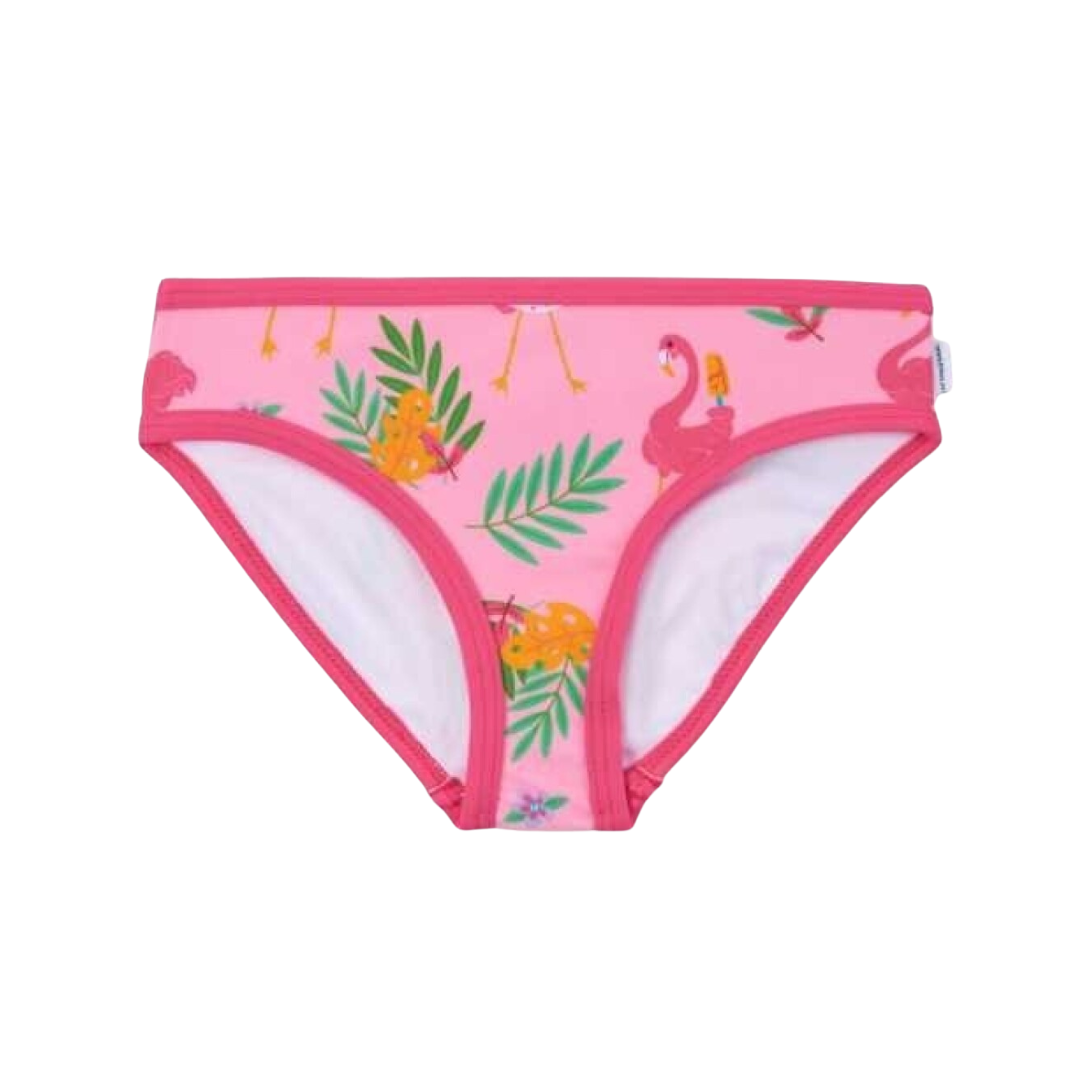 Cuecas rosa com estampado de flamingos e plantas.