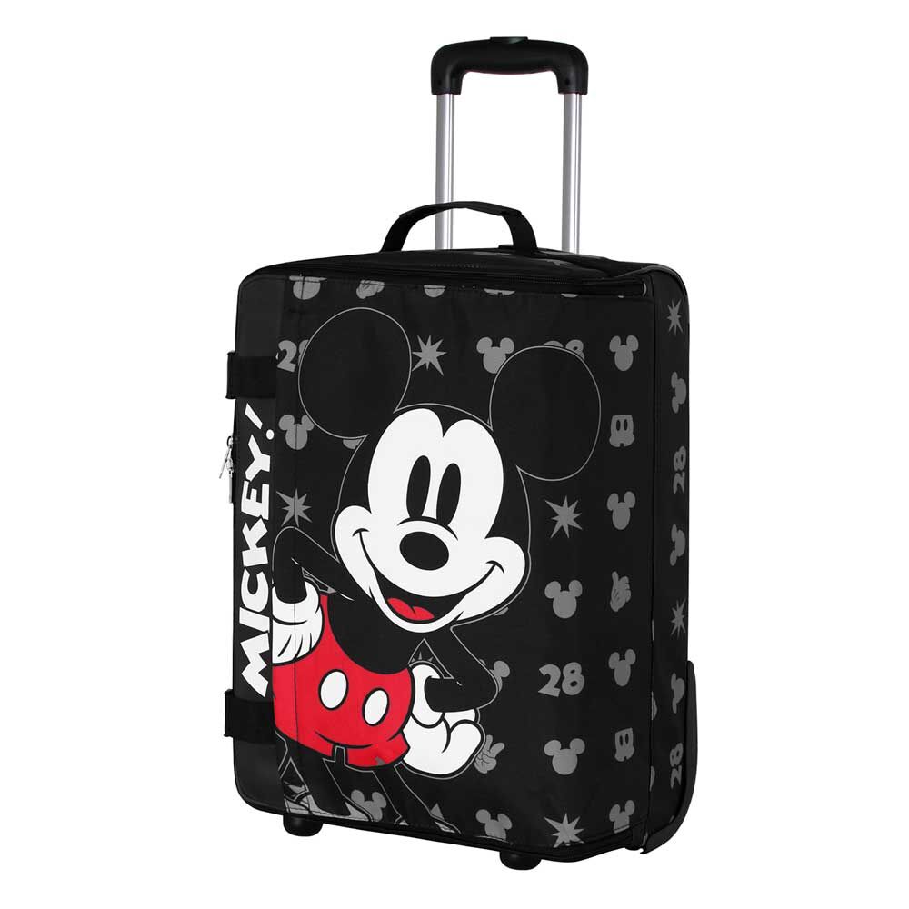 Mala de viagem preta com imagem do Mickey Mouse e padrão correspondente