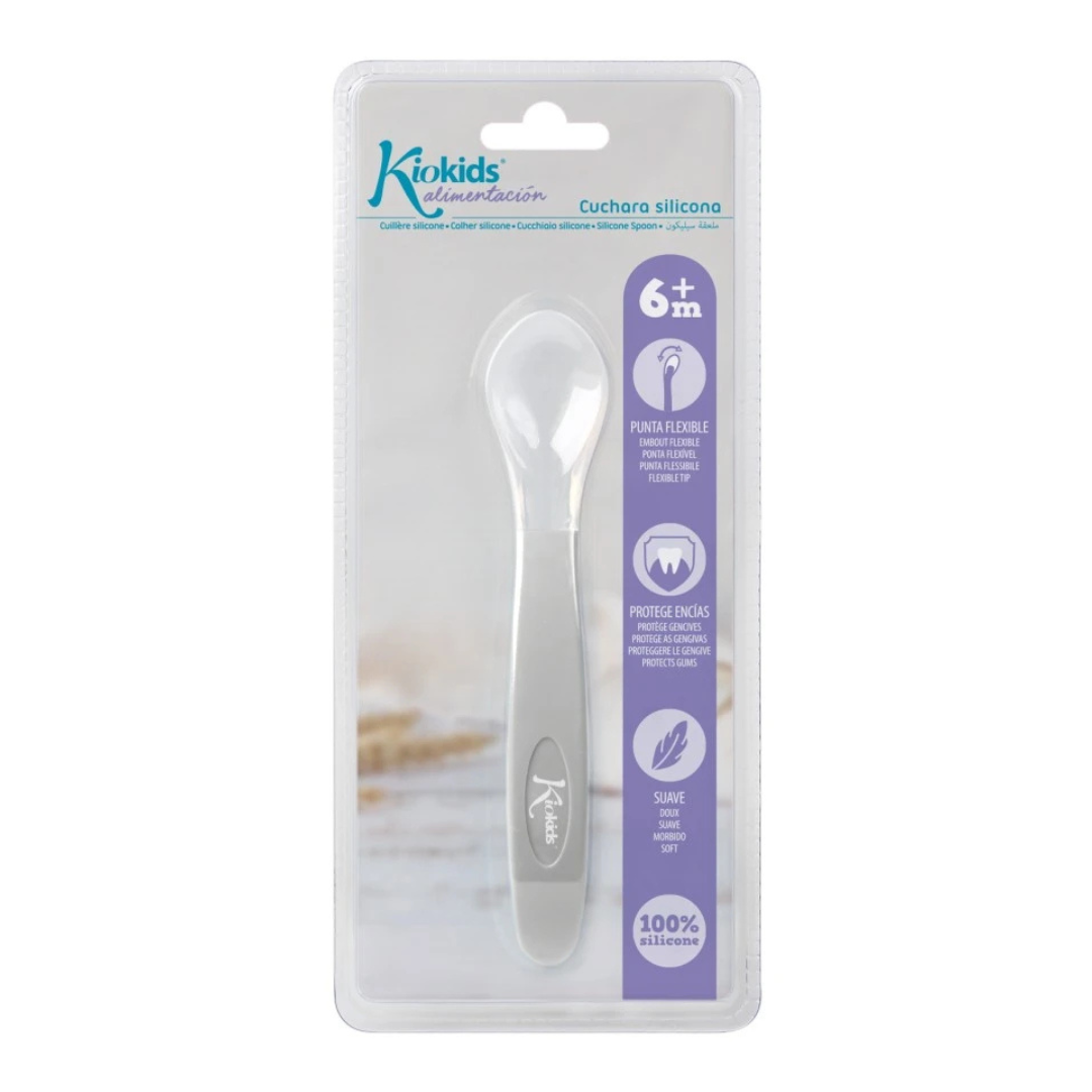 Colher de silicone Kiokids para bebés em embalagem plástica transparente