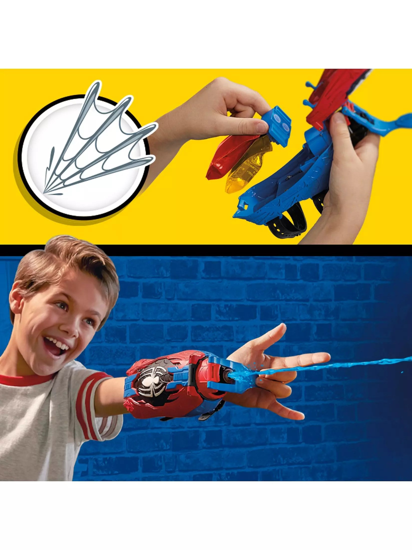 Luvas de super-herói azul e vermelho com padrão de aranha usadas por criança