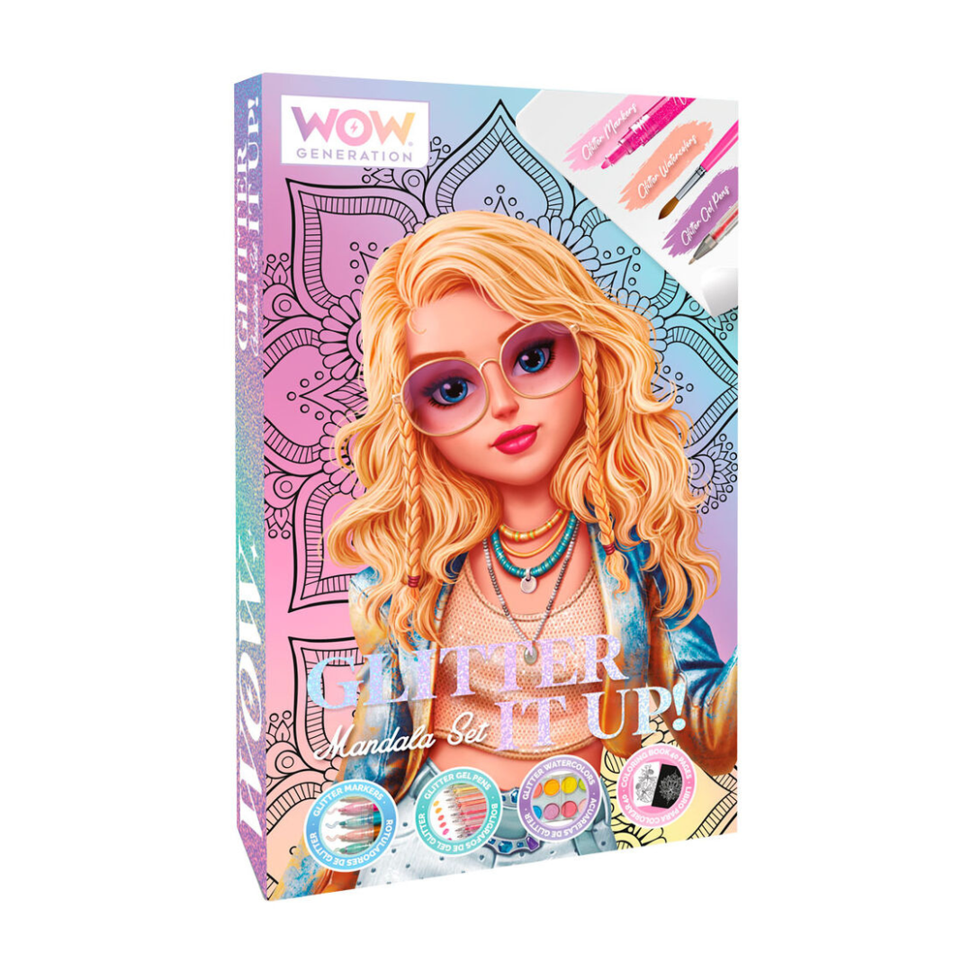 Caixa de conjunto de mandalas para colorir WOW Generation com desenho de jovem loira e texto GLITTER IT UP!.