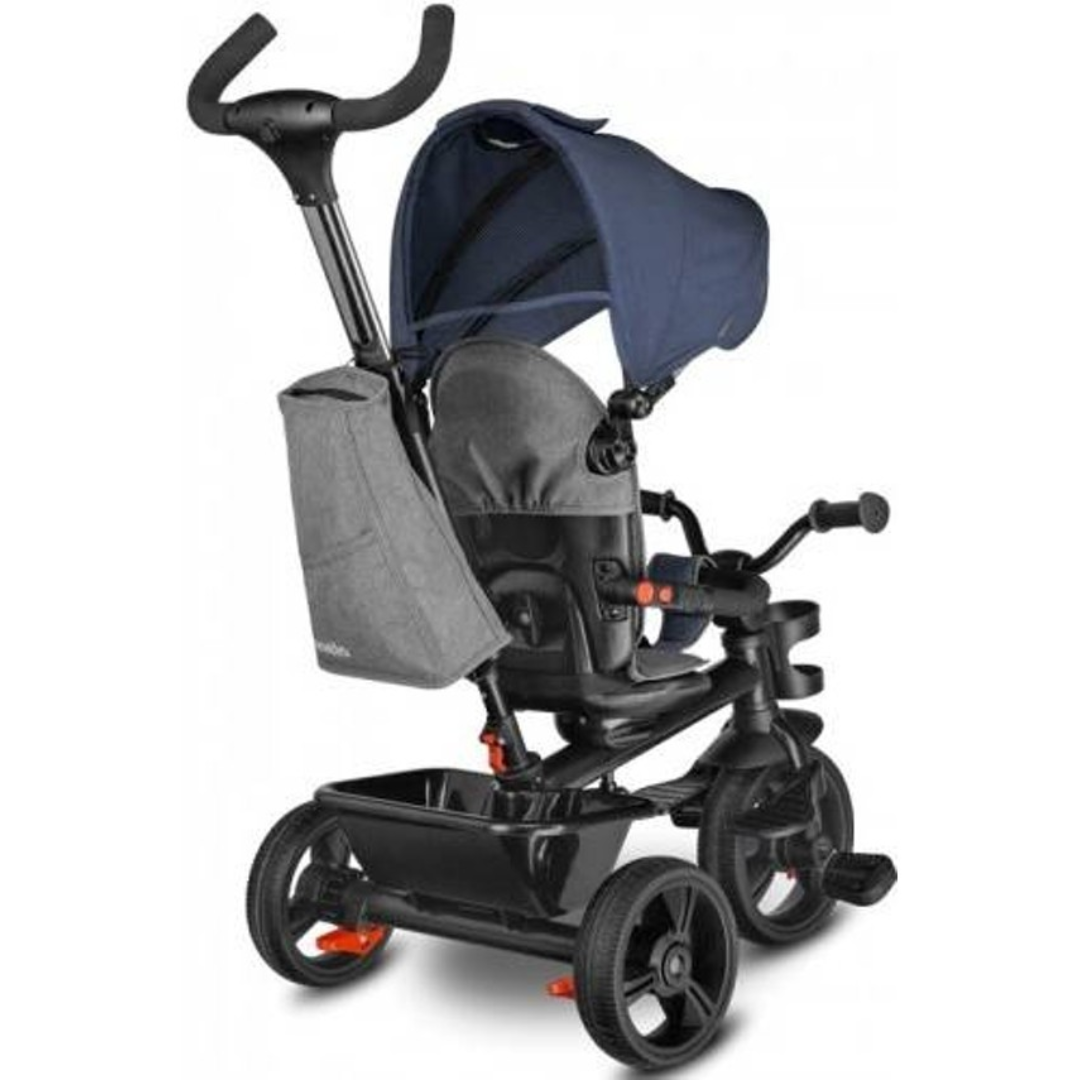 Triciclo infantil preto com assento cinza e toldo azul escuro