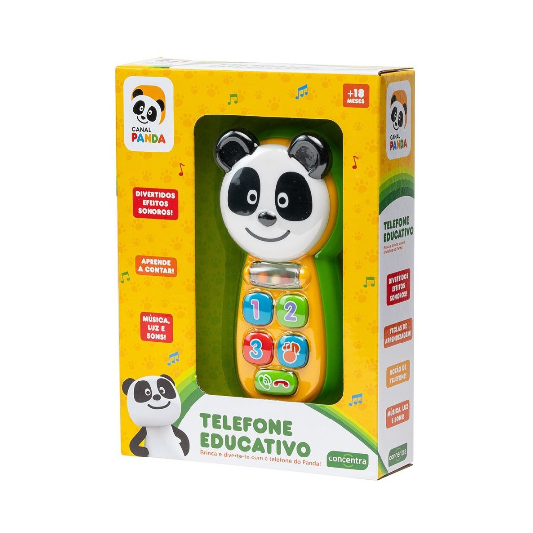 Telefone educativo infantil em forma de panda dentro de caixa amarela com texto em português