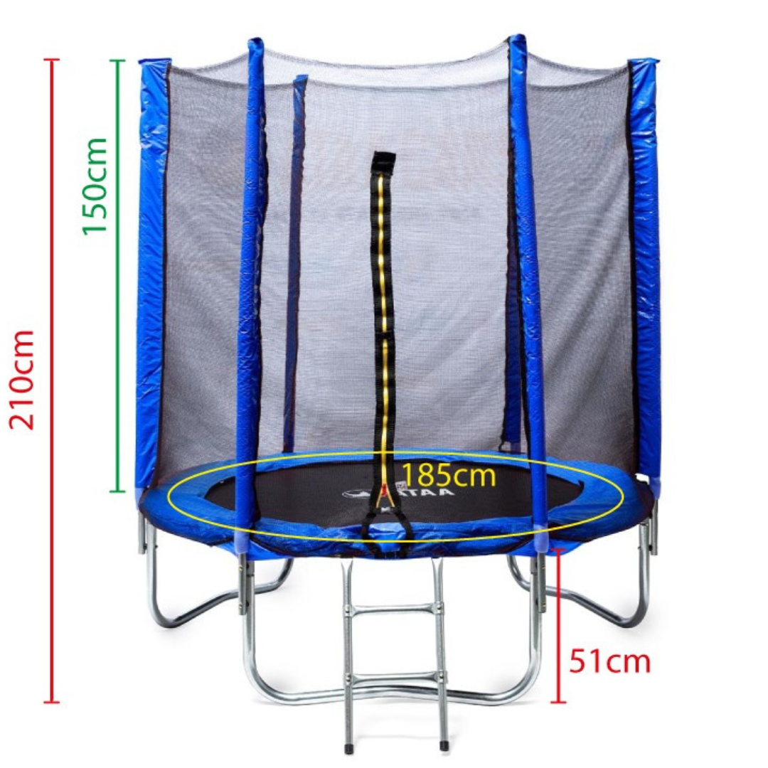 Trampolim redondo azul com rede de proteção preta e estrutura metálica com escada, medidas indicadas.