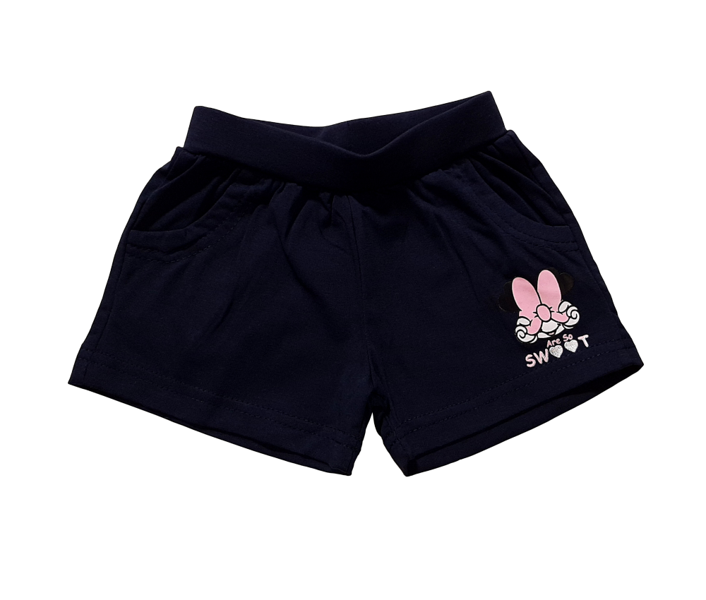 Calções azul escuro com estampa rosa e texto SWEET.