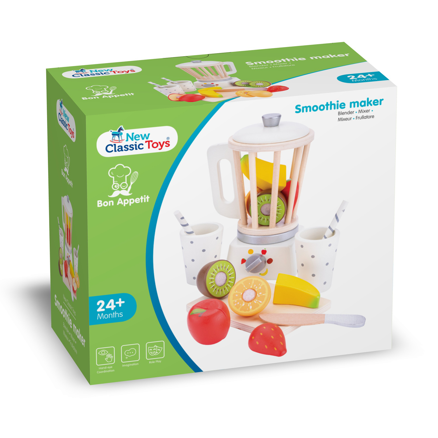 Brinquedo liquidificador smoothies New Classic Toys Bon Appetit com frutas coloridas e canecas, caixa verde e branca