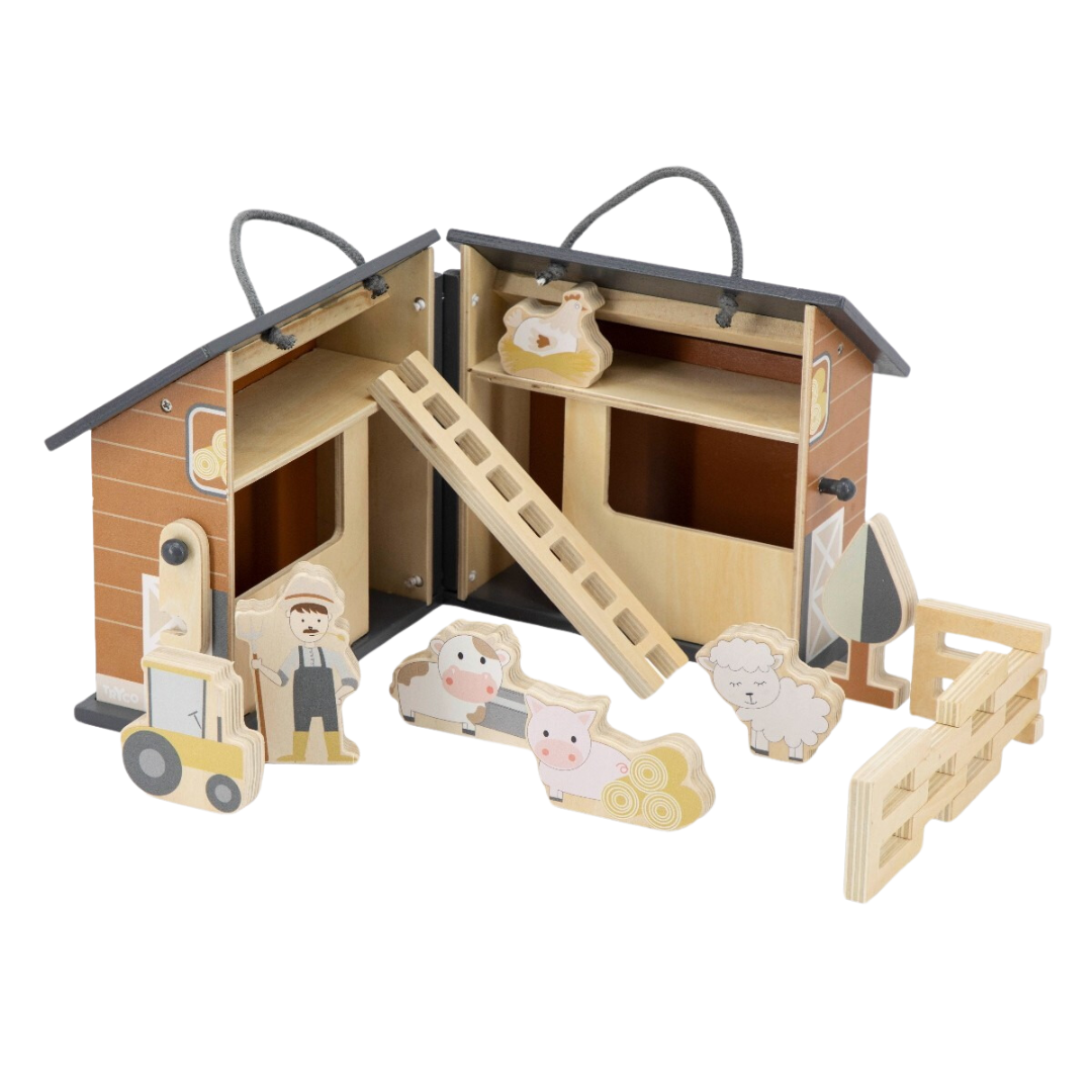 Casa de fazenda em madeira com figuras e acessórios em madeira