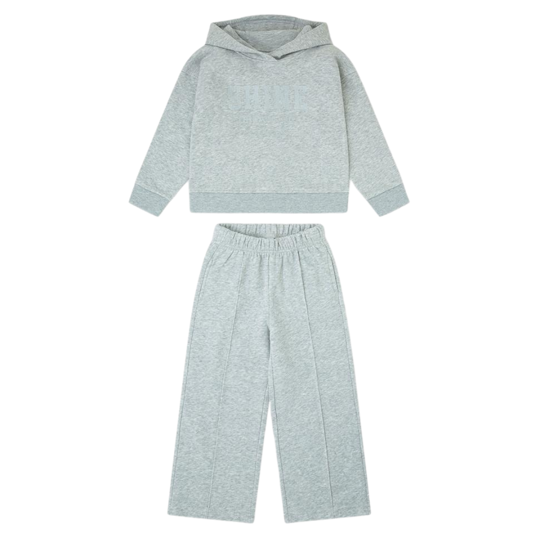 Conjunto de hoodie e calças cinzentas com capuz e cós elástico