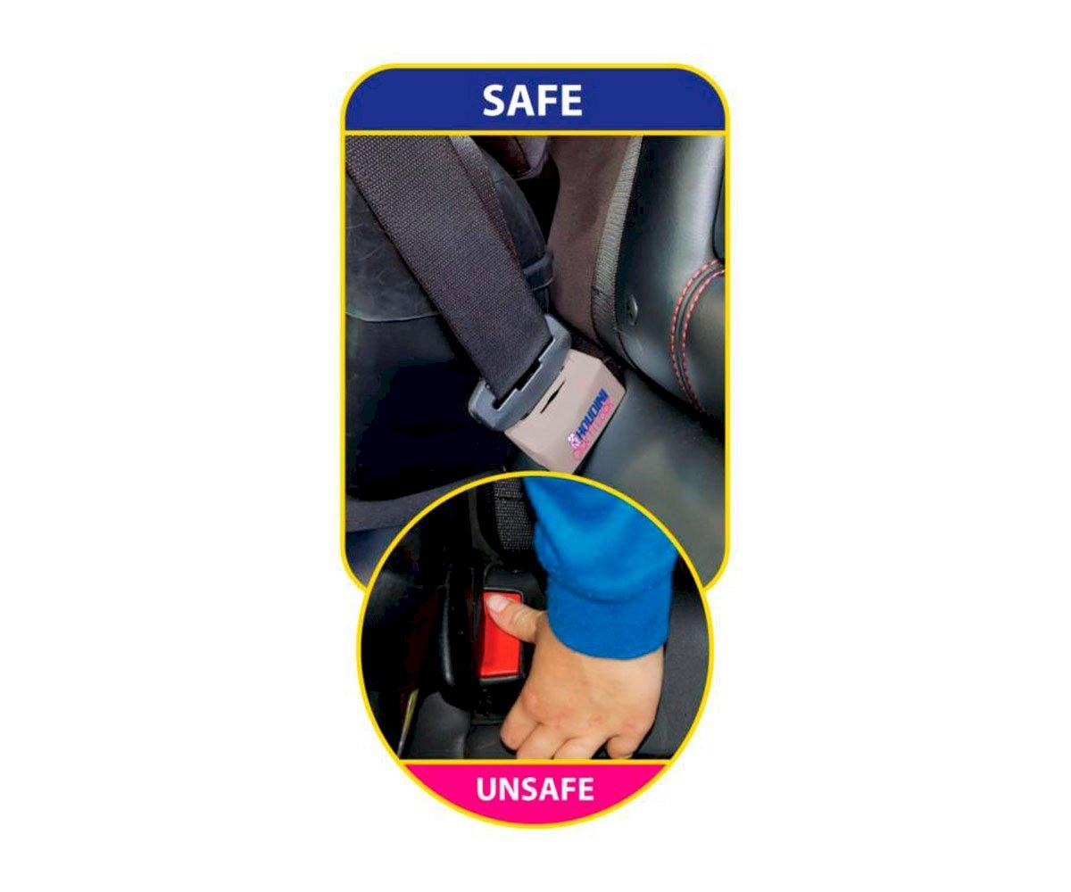 Imagem comparativa de cintos de segurança em carro mostrando seguro e inseguro