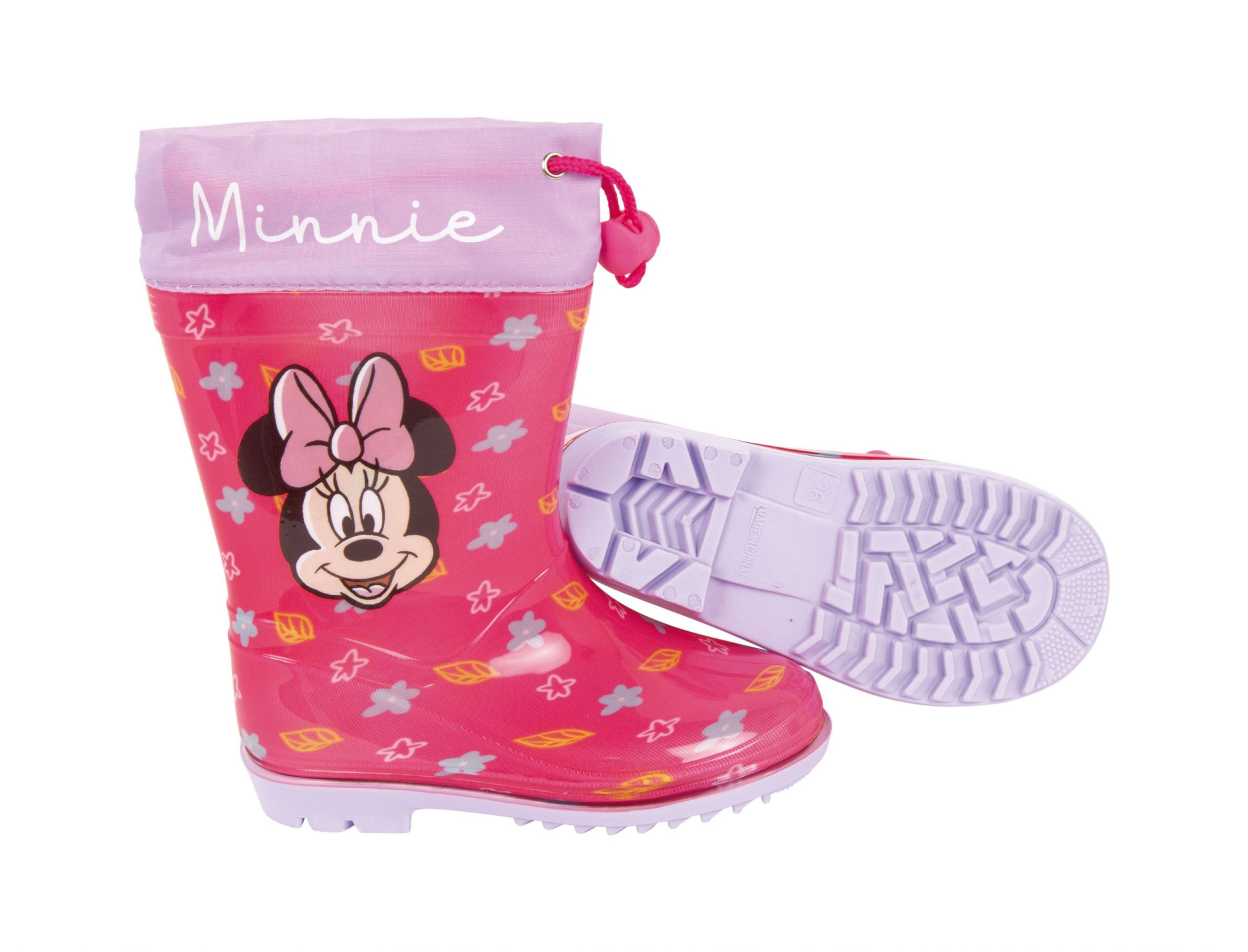 Bota de chuva infantil rosa lilás com estampa Minnie e cordão de aperto