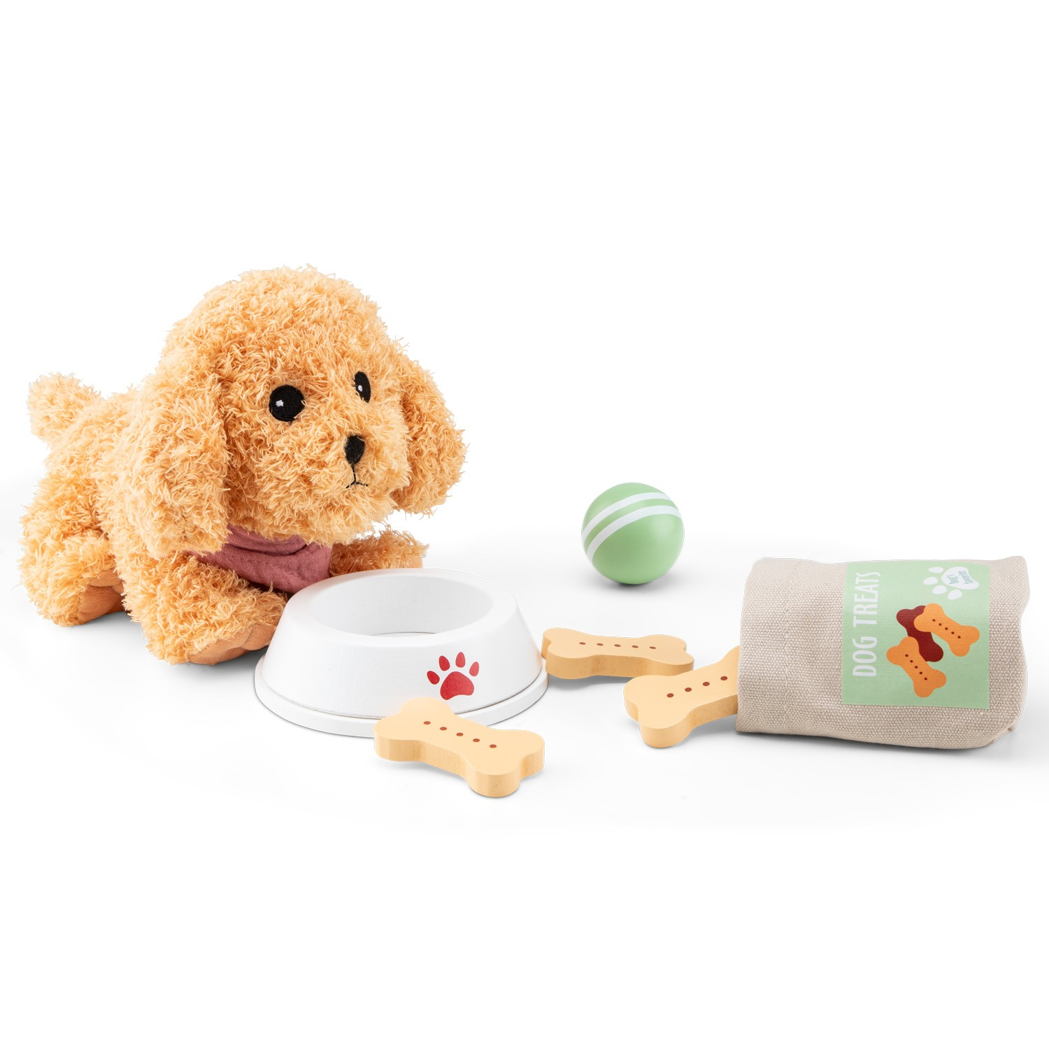 Brinquedo cão peluche com tigela, bola, ossos e embalagem