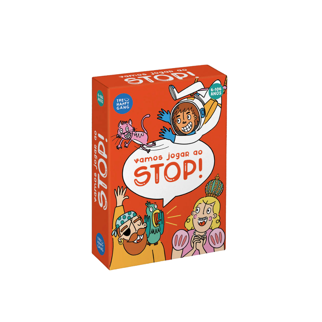 Caixa de jogo Vamos jogar ao STOP! com fundo laranja e ilustrações coloridas