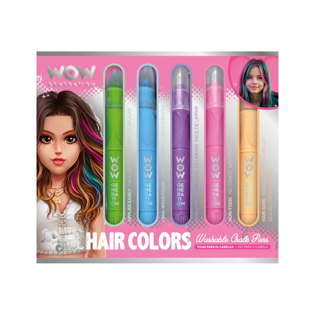 Caixa rosa com cinco canetas coloridas para pintar cabelo, marca WOW GENERATION.