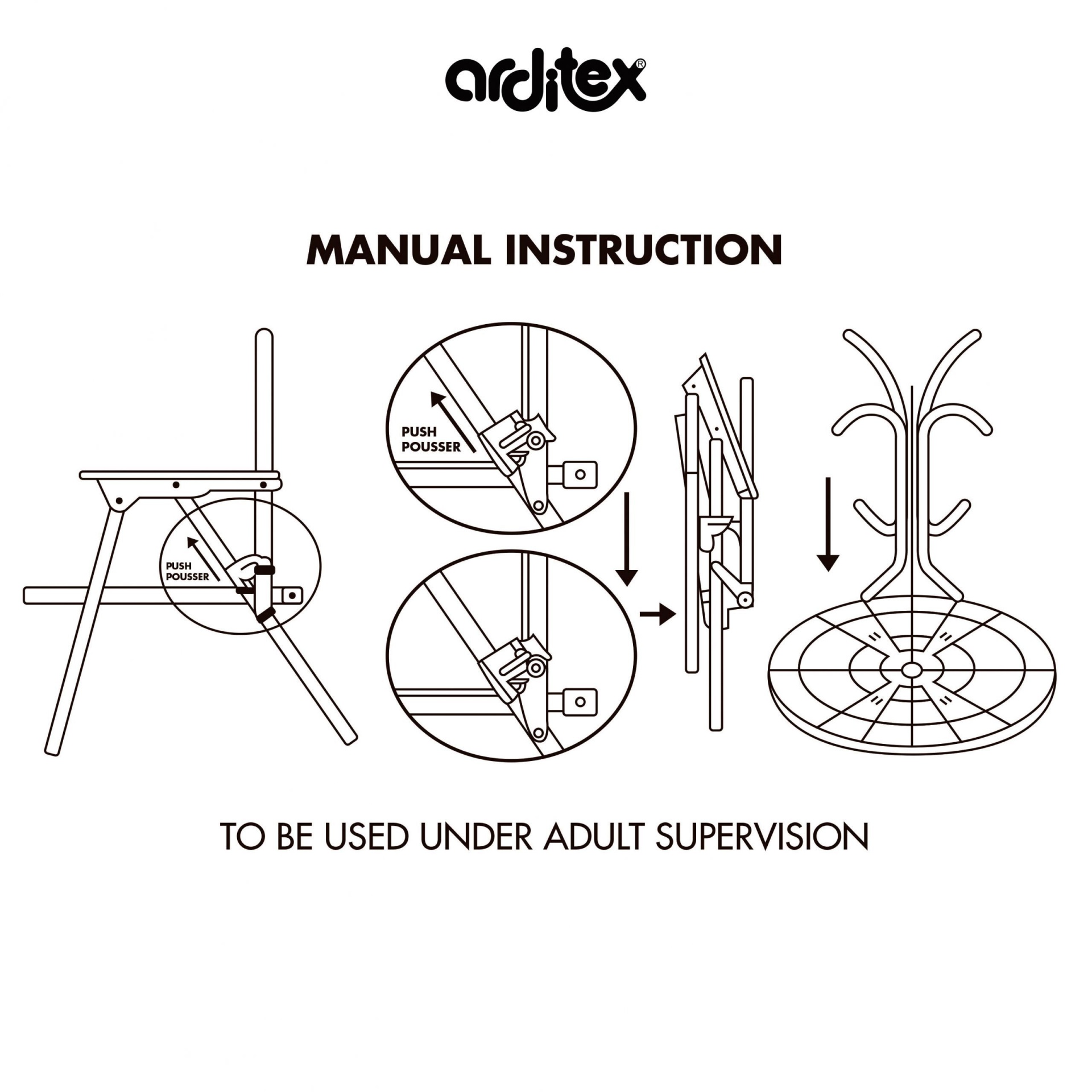 Instruções manuais de montagem e uso de dispositivo dobrável da marca arditex com aviso de supervisão adulta.