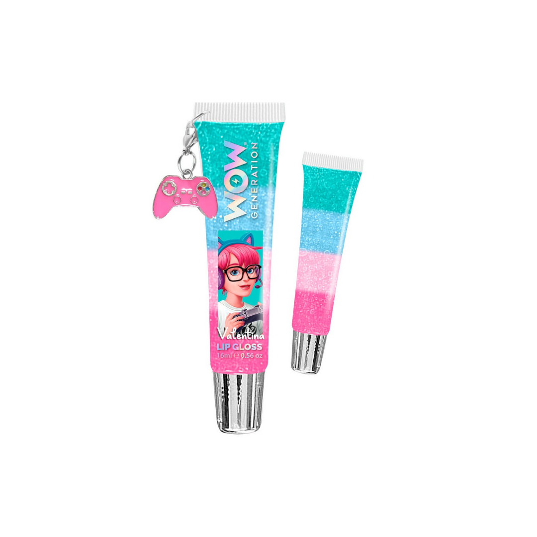 Brilho labial em tubos azul, branco e rosa com chaveiro de comando rosa